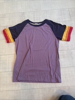 Girls' Purple Raglan Tee with Navy Sleeves and Multicolor Stripe Cuffs